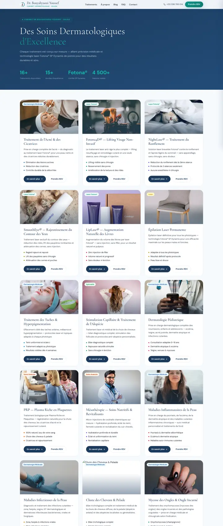 Dermatology clinic treatments catalog — full-page view